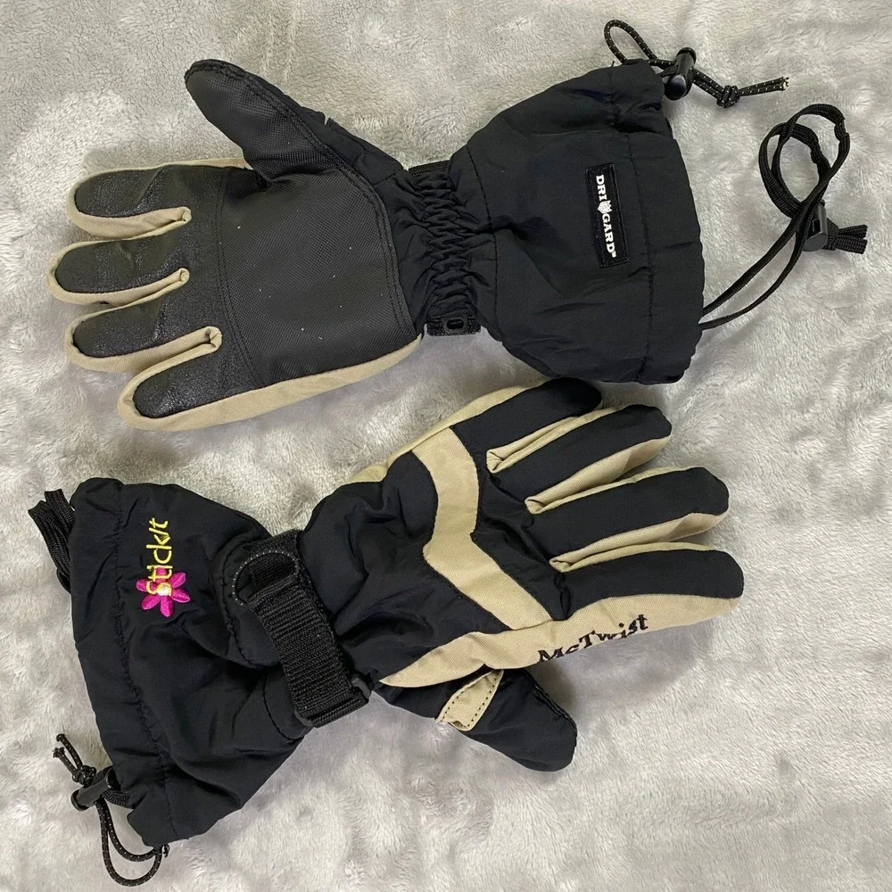 McTwist Ski Gloves Ladies Medium Black Tan Primaloft DriGard Waterproof Floral